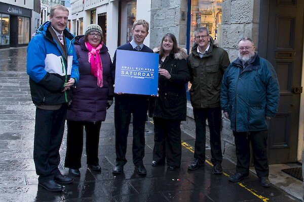 Tavish Scott MSP, Rachel Hunter (HIE Shetland Area Manager), Ben Mullay (Owner The Camera Centre, FSB Member and Living Lerwick Director), Christena Irvine (FSB Shetland Vice Chair and Living Lerwick Manager), Neil Henderson (Business Gateway Manager) and Ian Brown (FSB Shetland Chair).