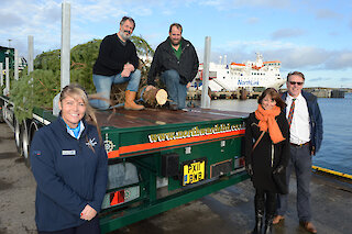 Photo: ©Dave Donaldson: Left to right: Jane Leask (Northlink), Neil Robertson (Network Engineer, SIC Roads), Robbie Leslie (Depot Manager, Northwards), Cynthia Adamson (Chair, Living Lerwick), Steve Mathieson (Vice Chair, Living Lerwick)